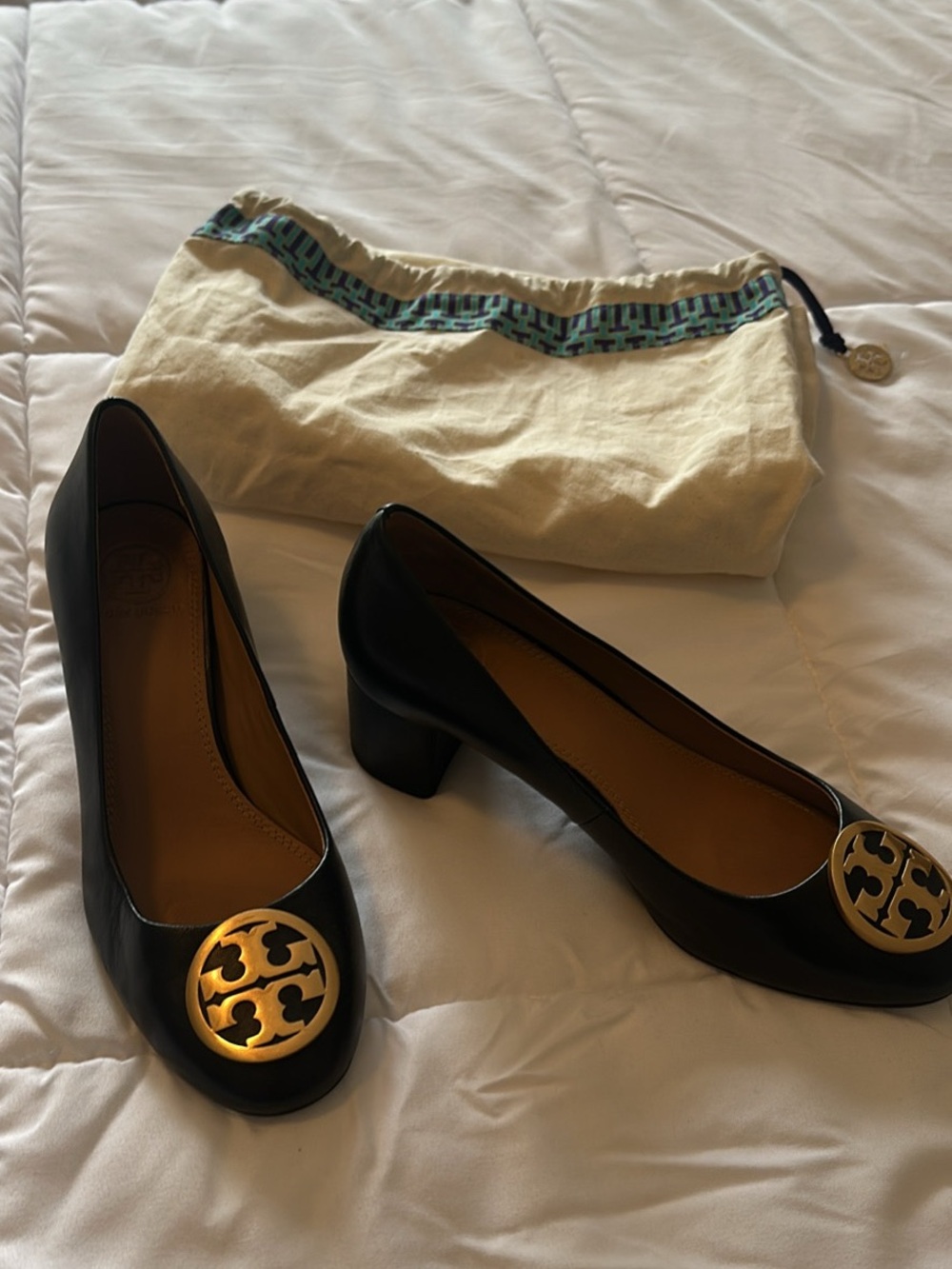 Tory Burch Black Leather Block Heel Pumps with Gold Logo Medallion